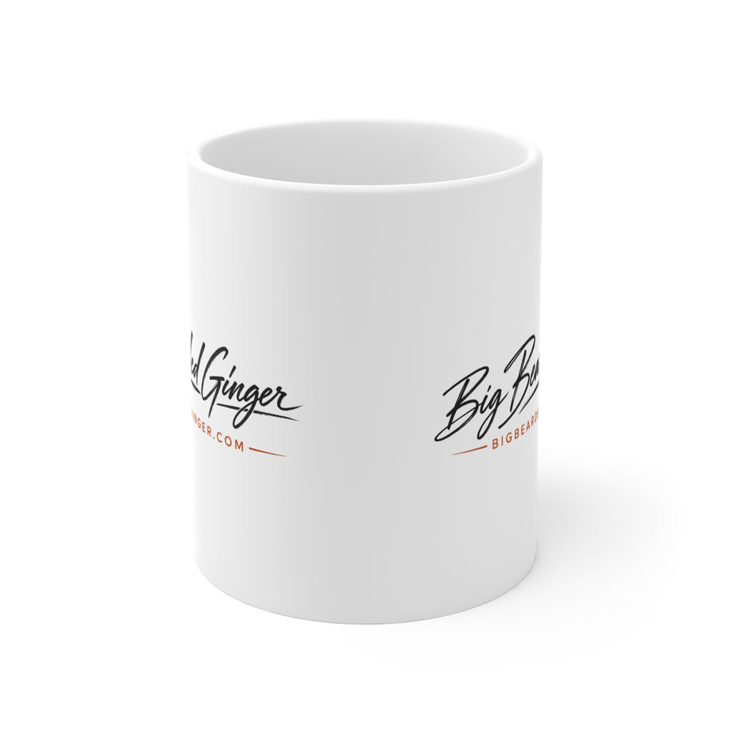 Big Bearded Ginger script logo on an 11oz white ceramic mug