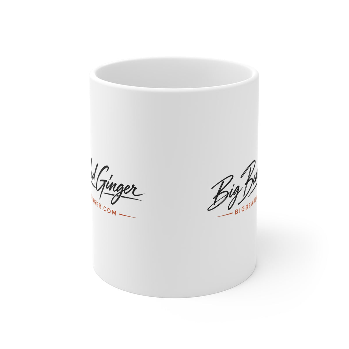Big Bearded Ginger script logo on an 11oz white ceramic mug